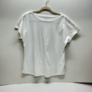Small White Top Denim & Co. Essentials Interlock Boat-Neck Top w/ Button Dtls